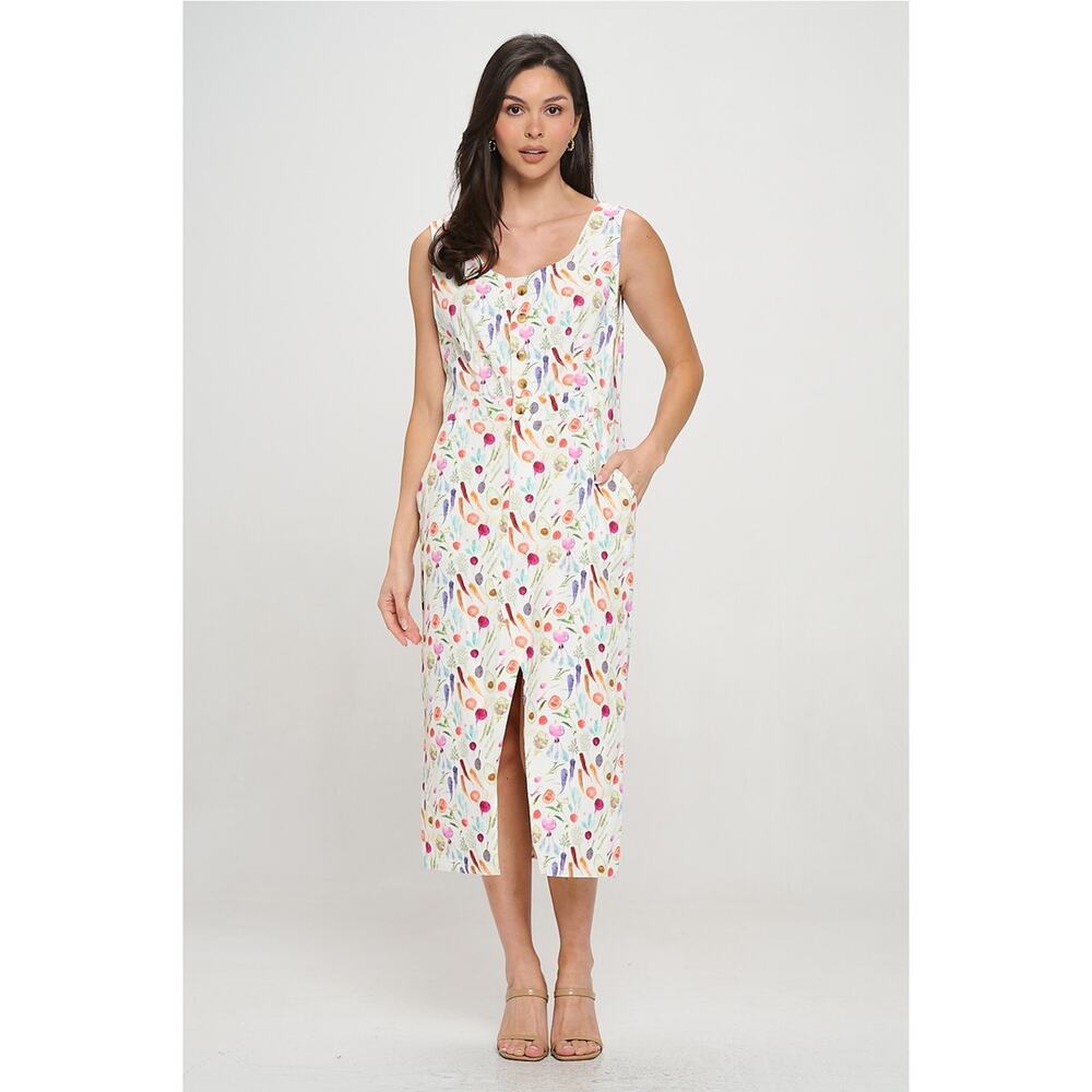 SM Wardrobe Cream Size Medium Colorful Vegetable Print Midi Dress